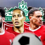 Mohamed Salah, Virgil van Dijk, Darwin Nunez, Trent Alexander-Arnold all looking sad/upset in front of the Liverpool logo