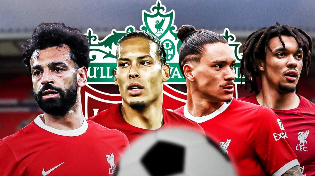 Mohamed Salah, Virgil van Dijk, Darwin Nunez, Trent Alexander-Arnold all looking sad/upset in front of the Liverpool logo