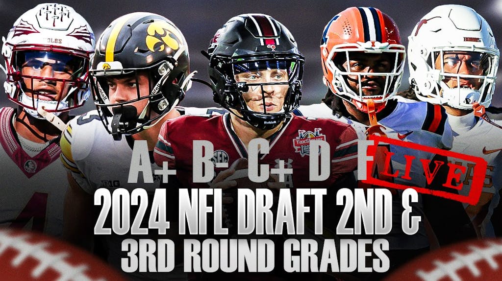 2024 NFL Draft grades, tracker round 2 and 3 featuring Spencer Rattler (South Carolina) in center surrounded by, Cooper DeJean (Iowa), Jer'Zhan Newton (Illinois), Keon Coleman (Florida State), Jonathan Brooks (Texas)