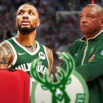 Bucks' Damian Lillard with medical kit in front of him, head coach Doc Rivers