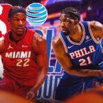 Heat's Jimmy Butler and 76ers' Joel Embiid in front of the NBA play-in tournament logo