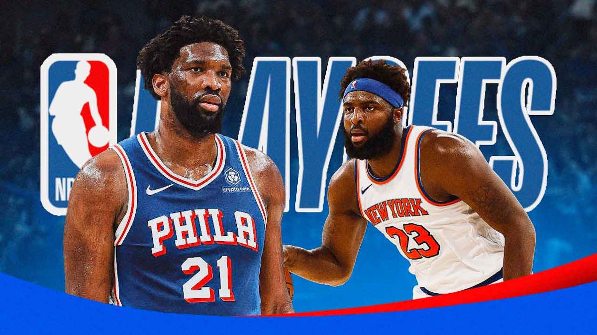 76ers' Joel Embiid and Knicks' Mitchell Robinson in front of the NBA playoffs logo