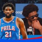 76ers' Joel Embiid in front of a picture of Embiid at the postgame podium in sunglasses