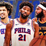 76ers' Kelly Oubre and Joel Embiid and Knicks' Mitchell Robinson