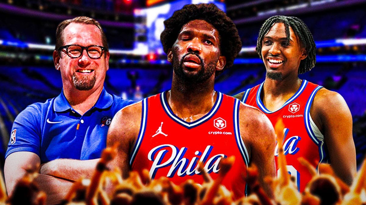 76ers' Joel Embiid with Nick Nurse and Tyrese Maxey