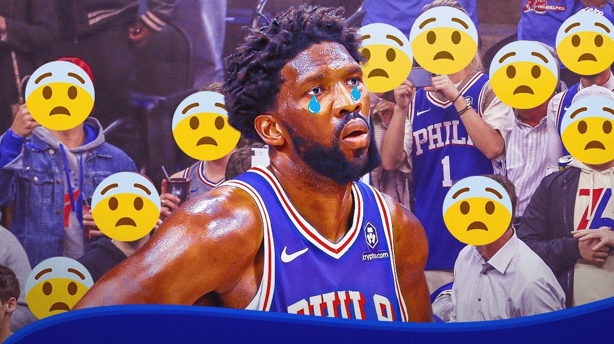 Joel Embiid with animated tears. 76ers fans in the background with scared emojis as their faces
