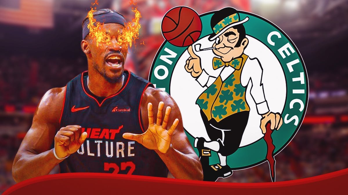 Heat star Jimmy Butler with fire in his eyes, Celtics, Kaseya Center in back