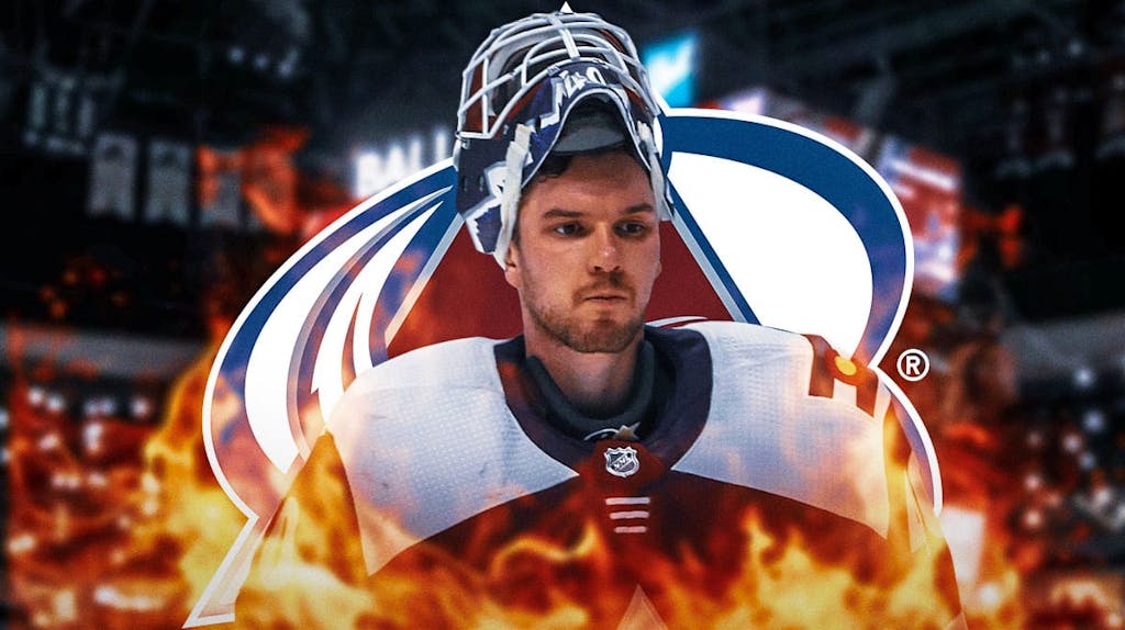 Alex Georgiev in middle of image looking happy with fire around him, Colorado Avalanche logo, hockey rink in background