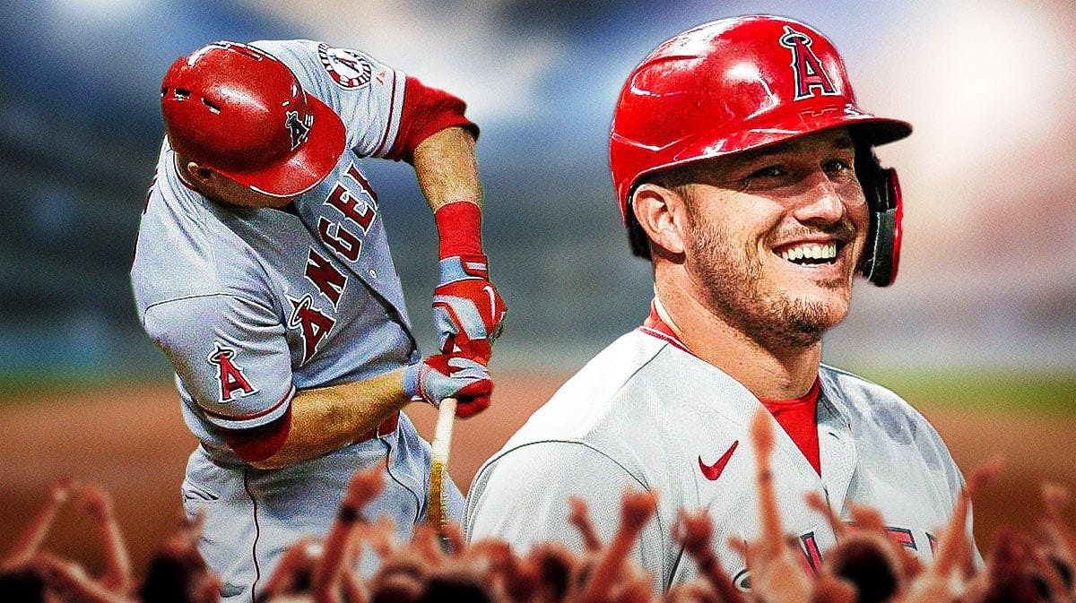 Mike Trout swinging a baseball bat and hitting a baseball in background. In front, need Mike Trout smiling.
