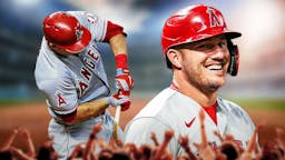 Mike Trout swinging a baseball bat and hitting a baseball in background. In front, need Mike Trout smiling.