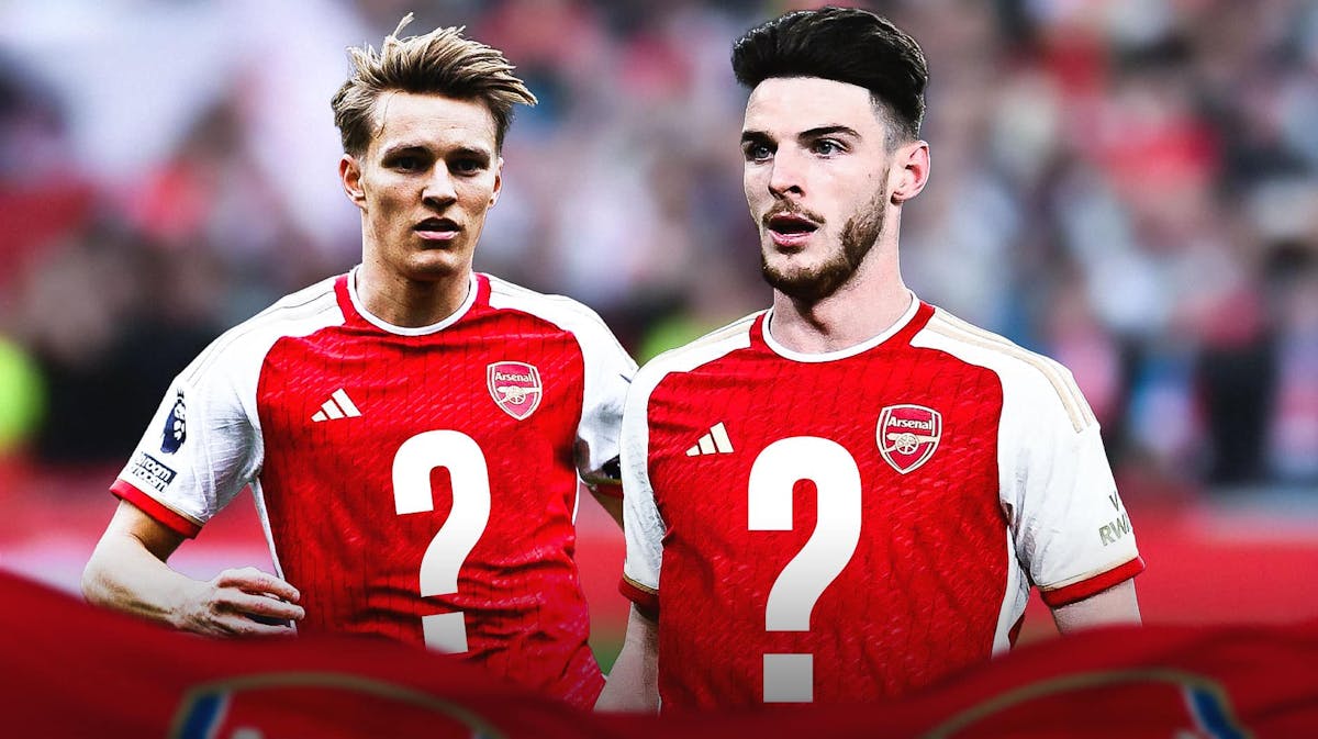 Declan Rice and Martin Odegaard wearing the Arsenal jersey, but there is a big questionmark in the front of the jerseys
