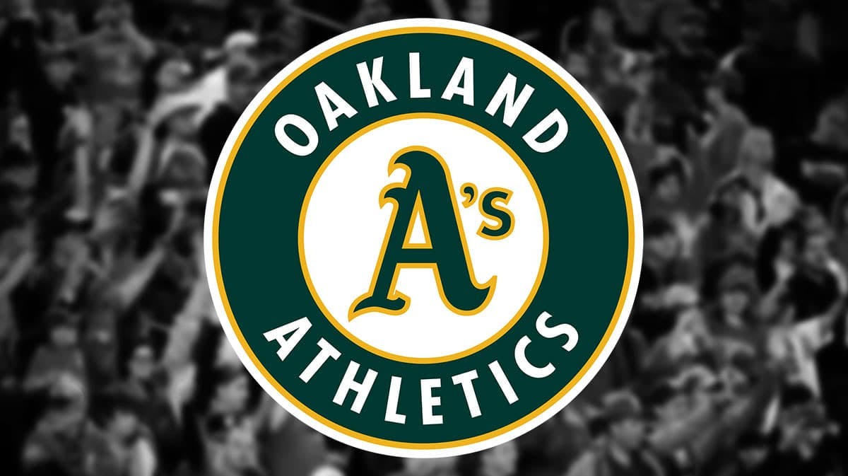 Athletics logo with angry fans behind it.