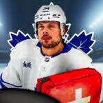Auston Matthews in middle of image looking stern, first aid kit, Toronto Maple Leafs logo, hockey rink in background