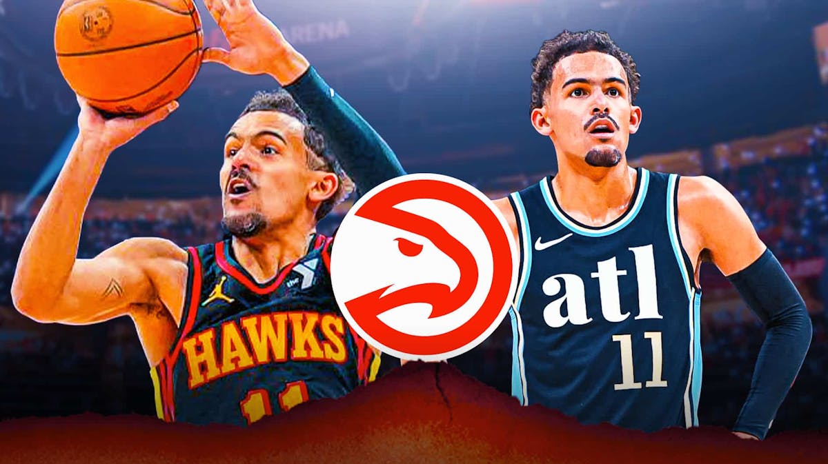 Trae Young next to a Hawks logo and Trae Young