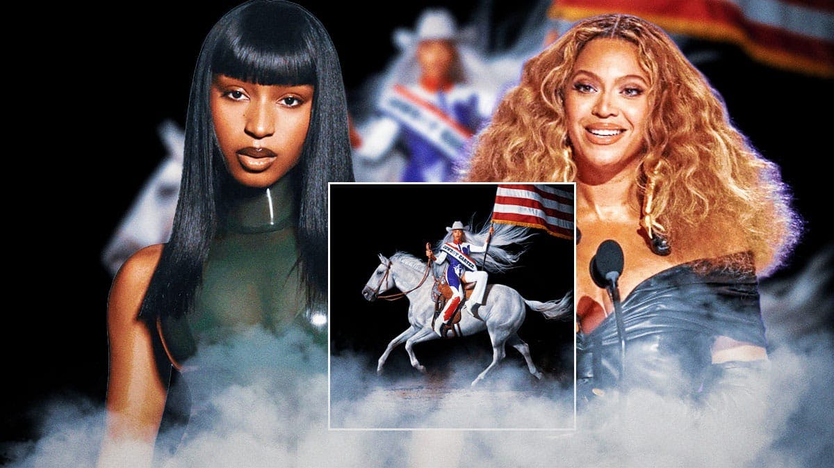 Beyonce and Normani with cowboy carter album cover behind them