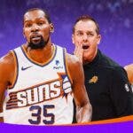 Suns' Kevin Durant and Frank Vogel with Timberwolves' Anthony Edwards and Rudy Gobert