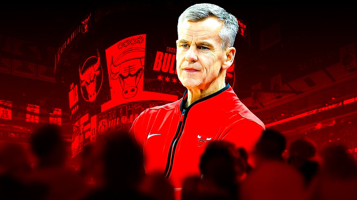 Bulls, Billy Donovan, Billy Donovan Bulls, Bulls schedule, Bulls play-in, Billy Donovan with Bulls court in the background