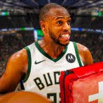 Photo: Khris Middleton looking disappointed in Bucks jersey, medical kit beside him