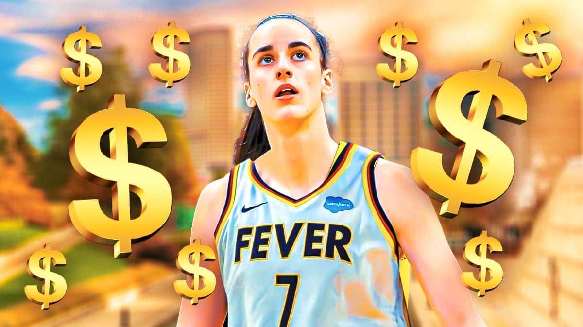 Indiana Fever WNBA player Caitlin Clark, next to a navy Indiana Fever jersey, with dollar $ signs around the jersey