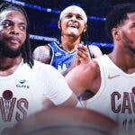 Cavs' Darius Garland and Donovan Mitchell looking frustrated, with Magic's Paolo Banchero smiling