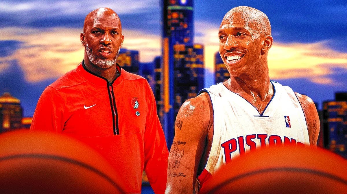 Blazers' Chauncey Billups (current as coach) and 2004 Pistons version of Billups side-by-side, both smiling