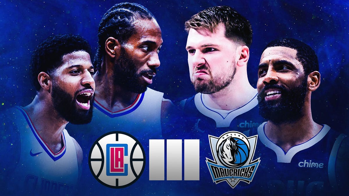 Clippers' Kawhi Leonard and Paul George in a match card against Mavericks' Luka Doncic and Kyrie Irving