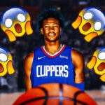 Kai Jones in a Los Angeles Clippers uniform with a bunch of shocked emojis in the background