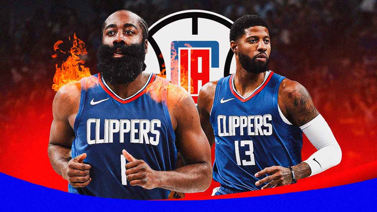 Clippers Paul George stands next to James Harden, Mavericks, NBA Playoffs fans in background