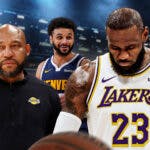 Lakers' Darvin Ham and LeBron James frustrated, with Nuggets' Jamal Murray smiling beside them