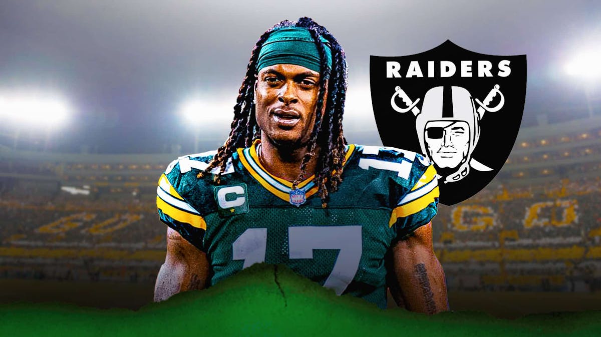 Ex-Packers' Davante Adams stands next to Raiders logo, NFL free agency fans in background