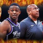 Kings' De'Aaron Fox and Mike Brown hyped up, with Pelicans' Zion Williamson and Warriors' Stephen Curry looking on