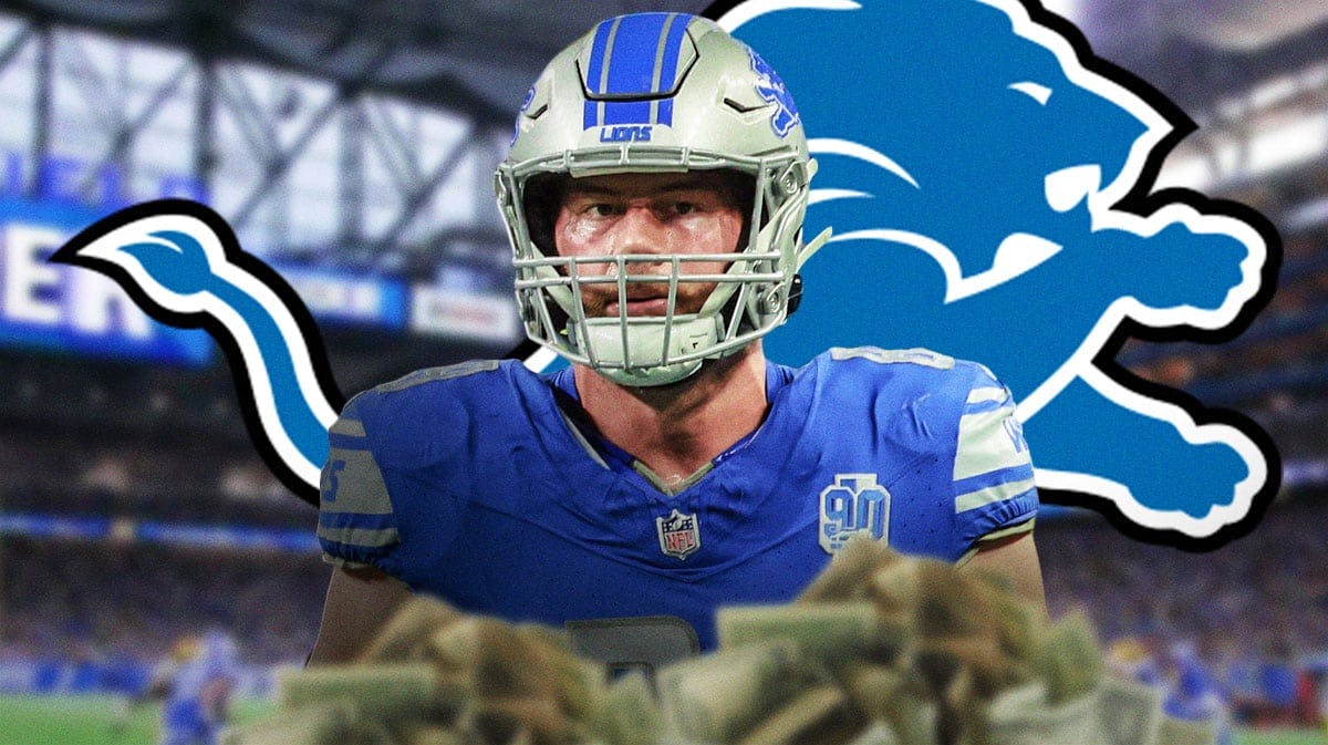 Brock Wright in next to a Lions logo and money at Ford Field