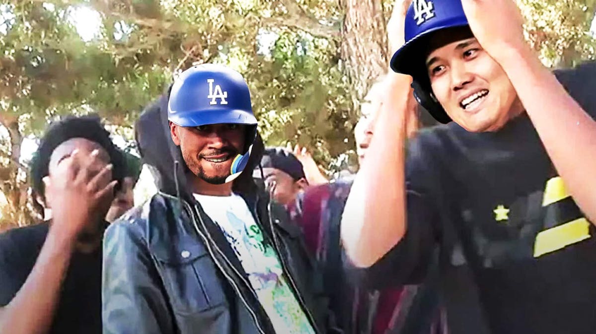 Mookie Betts (Dodgers) as the guy in the hoodie and Shohei Ohtani as the guy on the right with hands on head