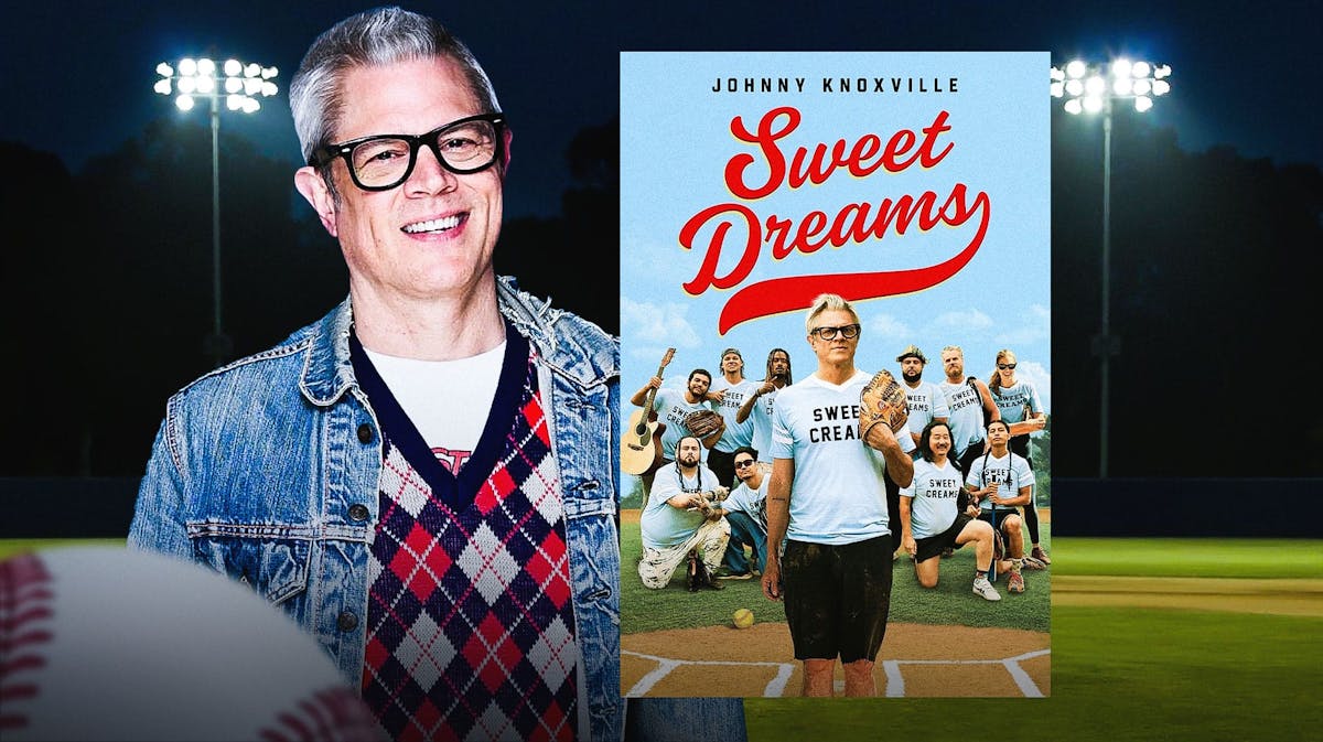 Johnny Knoxville with Sweet Dreams poster and baseball field background.