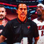 Miami Heat head coach Erik Spoelstra along with stars Bam Adebayo and Kevin Love in front of the Kaseya Center.