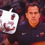 Heat's Erik Spoelstra with a thought bubble containing an image of Jimmy Butler and Bam Adebayo holding the 2023 Eastern Conference champions trophy