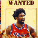 76ers center Joel Embiid on a Wanted Poster in front of New York Knicks fans