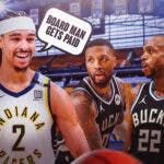 Pacers' Andrew Nembhard smiling, with speech bubble: "BOARD MAN GETS PAID", while Khris Middleton and Damian Lillard look at him, sad