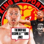 Gabe Kidd with a text bubble reading "The IWGP has become a f***ing joke!" next to Jon Moxley holding the IWGP World Heavyweight Championship with the New Japan Pro Wrestling logo as the background.