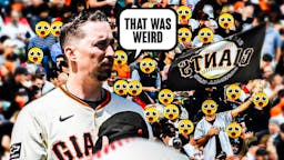 Blake Snell on one side with a speech bubble that says "That was weird" a bunch of San Francisco Giants fans on the other side with the big eyes emoji over their faces