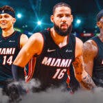 Miami Heat star Caleb Martin next to teammates Tyler Herro, Bam Adebayo, and head coach Erik Spoelstra.
