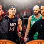 In the middle, recent in-game photos of Erik Spoelstra and Joe Mazzulla. Have Spoelstra smiling/celebrating and Mazzulla looking upset. Behind Mazzulla, recent in-game photos of Jayson Tatum and Derrick White, looking frustrated/upset. Behind Spoelstra, recent in-game photos of Tyler Herro and Caleb Martin celebrating/ smiling/clapping.