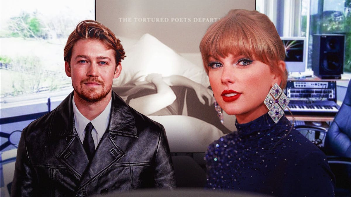 Joe Alwyn and Taylor Swift with album The Tortured Poets Department