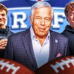 Robert Kraft, Drake Maye, JJ McCarthy. NFL Draft logo