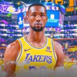 Harry Giles in his Lakers jersey with the Lakers arena in the background