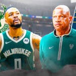 Damian Lillard alongside Doc Rivers with the Bucks and Pacers logos in the background, injury