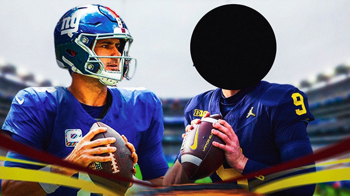 New York Giants quarterback Daniel Jones next to University of Michigan QB JJ McCarthy. McCarthy has a circle with a line through it over his face.