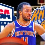 Knicks' Jalen Brunson stands next to Team USA roster logo