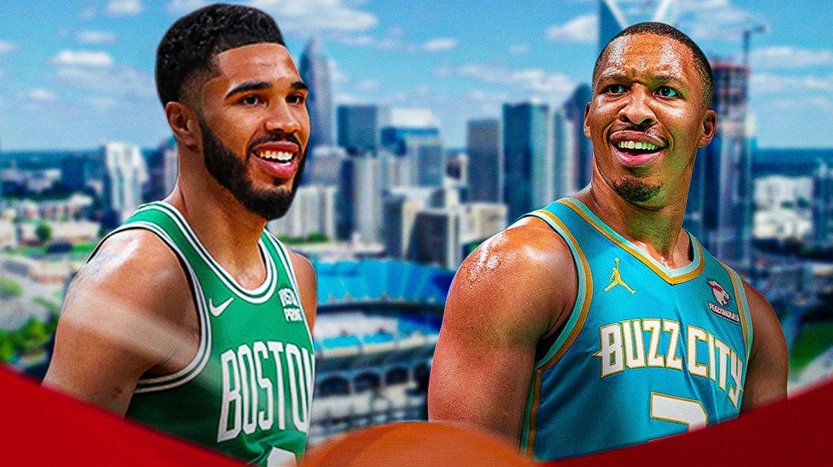 image idea: Jayson Tatum (smiling) next to Grant Williams (looking annoyed in a Hornets jersey) on a Charlotte city background