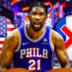 Philadelphia 76ers center Joel Embiid next to two crossed flags: one for the United States of America and the other for France
